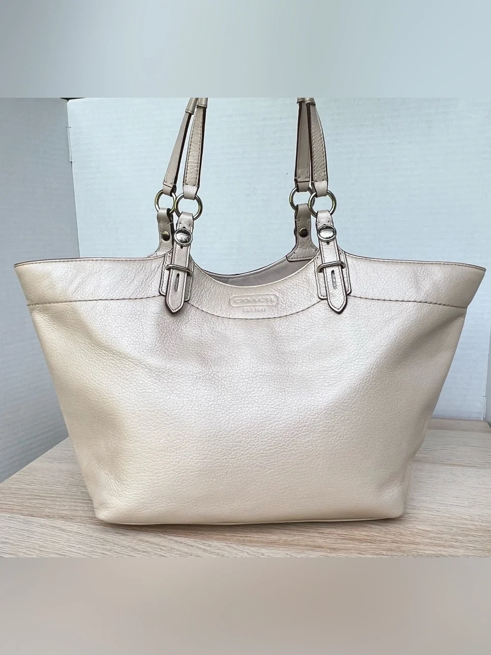 Coach Carly Tote F16174 Pearlized Champagne Shell Leather Shoulder Bag Large
